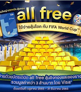 บัตรเดบิต ออลล์ฟรี มอบโชครับ FIFA World Cup™ เพิ่มรอยยิ้มให้กับลูกค้า เมื่อใช้จ่ายผ่านบัตรลุ้นชิงทองและของรางวัล รวมมูลค่ากว่า 3 ล้านบาท