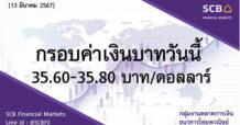 กลุ่มงานตลาดการเงิน ธนาคารไทยพาณิชย์ (SCB Financial Markets)  ค่าเงินบาทประจำวันที่ 13 มีนาคม 2567