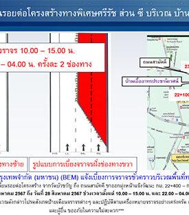 BEM แจ้งเบี่ยงการจราจรทางพิเศษศรีรัช บ้านเอื้ออาทรประชานิเวศน์ฝั่งมุ่งหน้าแจ้งวัฒนะขาออก 3 – 28 ส.ค. 67 นี้