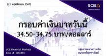 กลุ่มงานตลาดการเงิน ธนาคารไทยพาณิชย์ (SCB Financial Markets) ค่าเงินบาทประจำวันที่ 21 พฤศจิกายน 2567