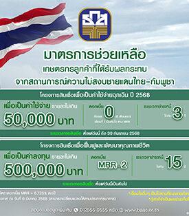 ธ.ก.ส. เร่งช่วยเหลือผู้ได้รับผลกระทบจากความไม่สงบชายแดนไทย – กัมพูชา จัดสินเชื่อฉุกเฉินดอกเบี้ย 0% นาน 6 เดือนแรก