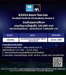 กรุงไทย-แอกซ่า ประกันชีวิต เปิดรับสมัครเยาวชนภาคเหนืออายุ 13-15 ปี ร่วมโครงการ KTAXA Know You Can Football Youth (U-15) Academy Season 6 ณ สนามกีฬาสมโภชเชียงใหม่ 700 ปี(สนามกลาง)